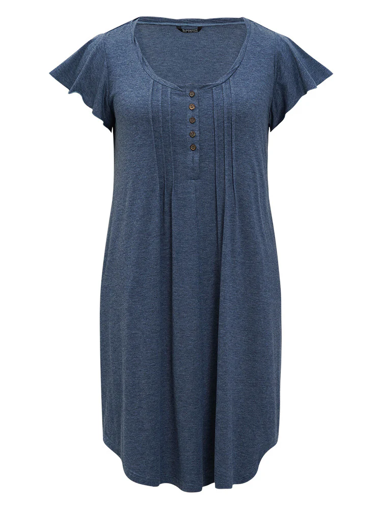 Plain Pleated Ruffle Sleeve Pocket Button Up Curved Hem Dress - Image 10