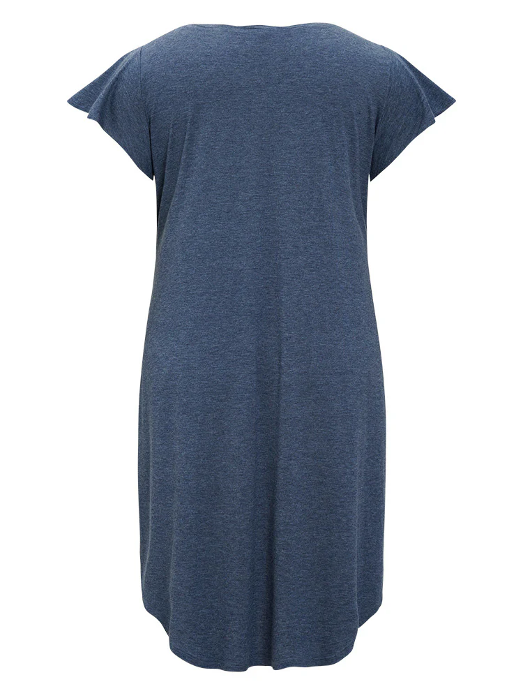Plain Pleated Ruffle Sleeve Pocket Button Up Curved Hem Dress - Image 11