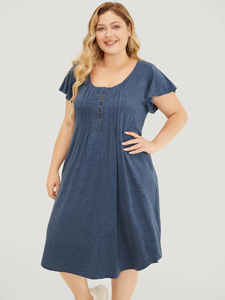 Plain Pleated Ruffle Sleeve Pocket Button Up Curved Hem Dress - Image 2