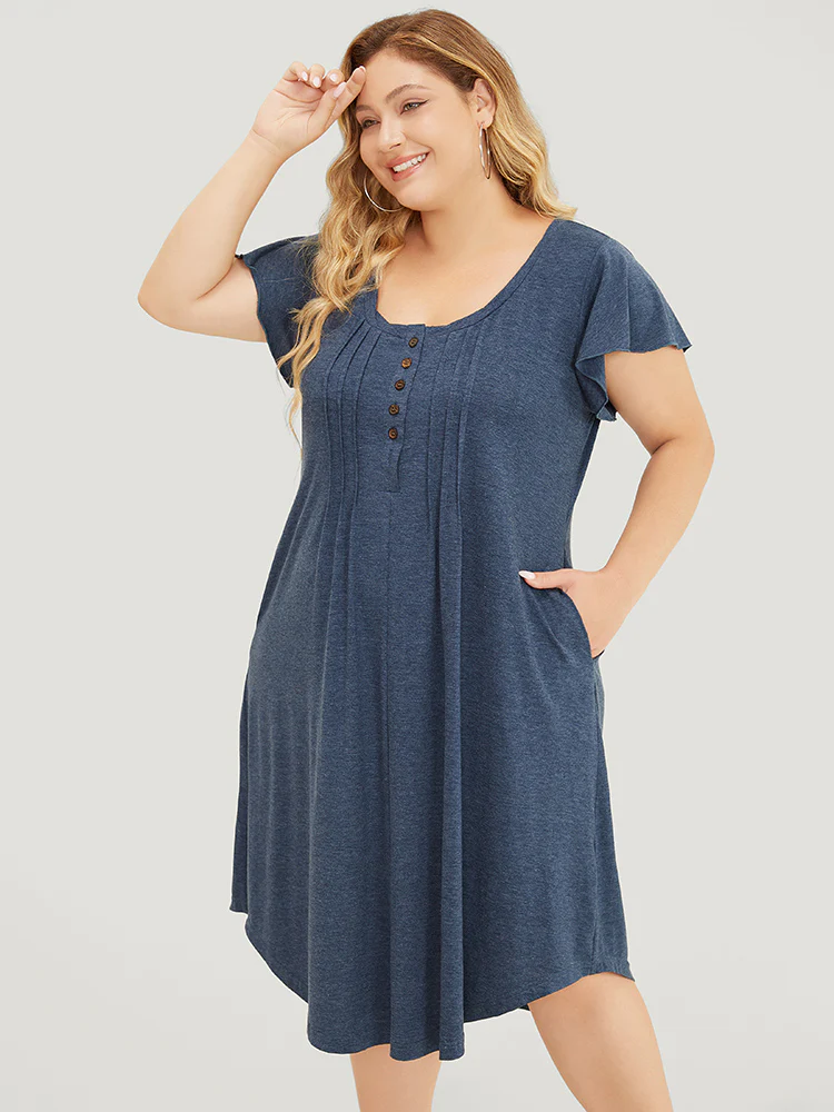 Plain Pleated Ruffle Sleeve Pocket Button Up Curved Hem Dress - Image 3