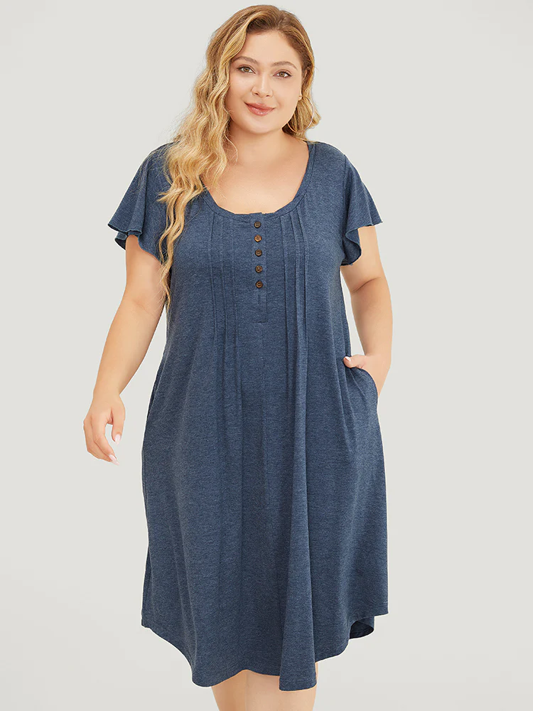Plain Pleated Ruffle Sleeve Pocket Button Up Curved Hem Dress - Image 4