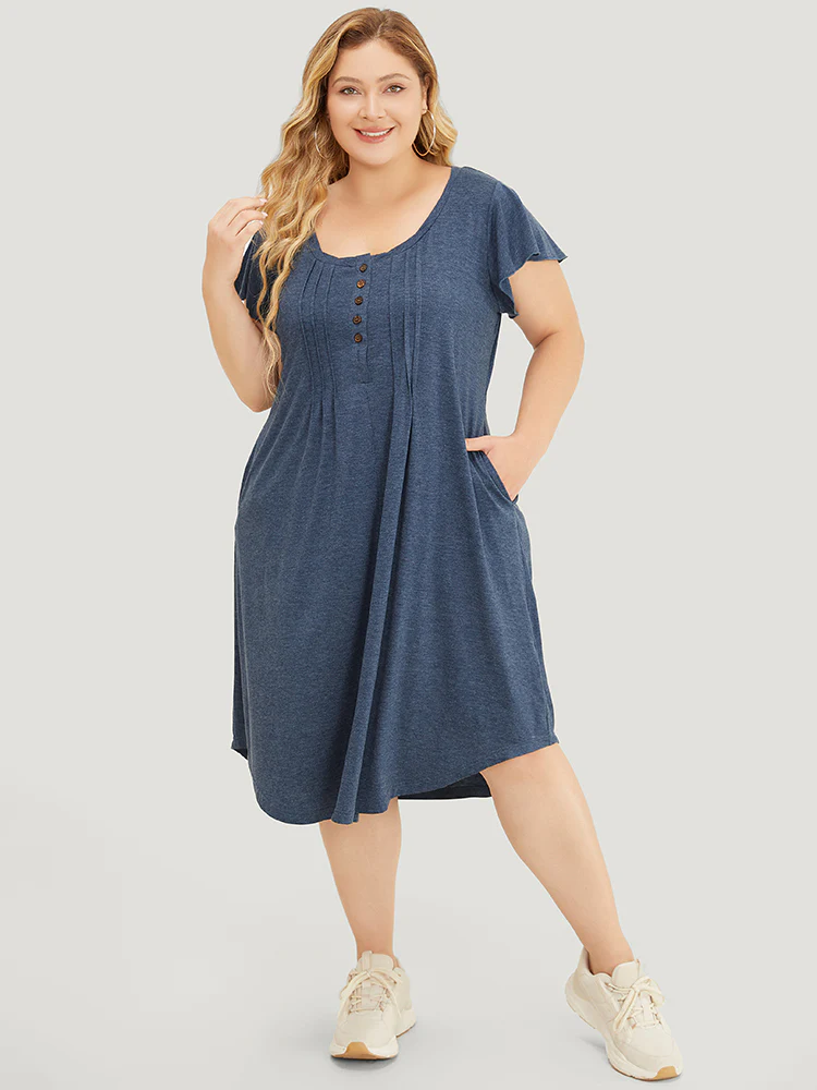 Plain Pleated Ruffle Sleeve Pocket Button Up Curved Hem Dress - Image 5