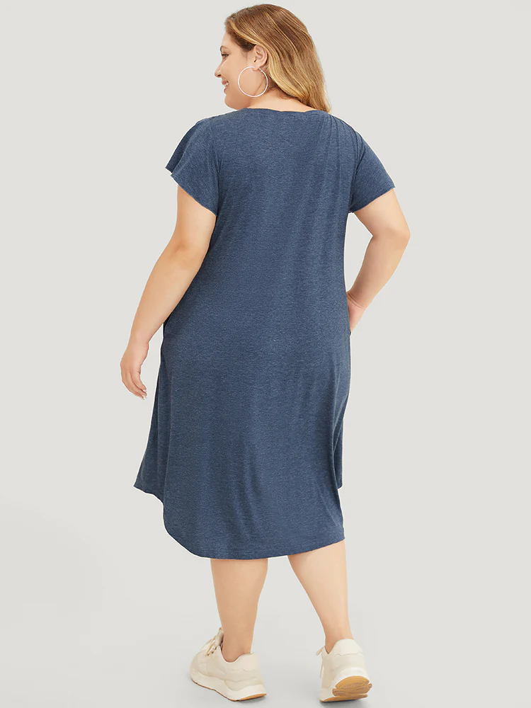 Plain Pleated Ruffle Sleeve Pocket Button Up Curved Hem Dress - Image 6
