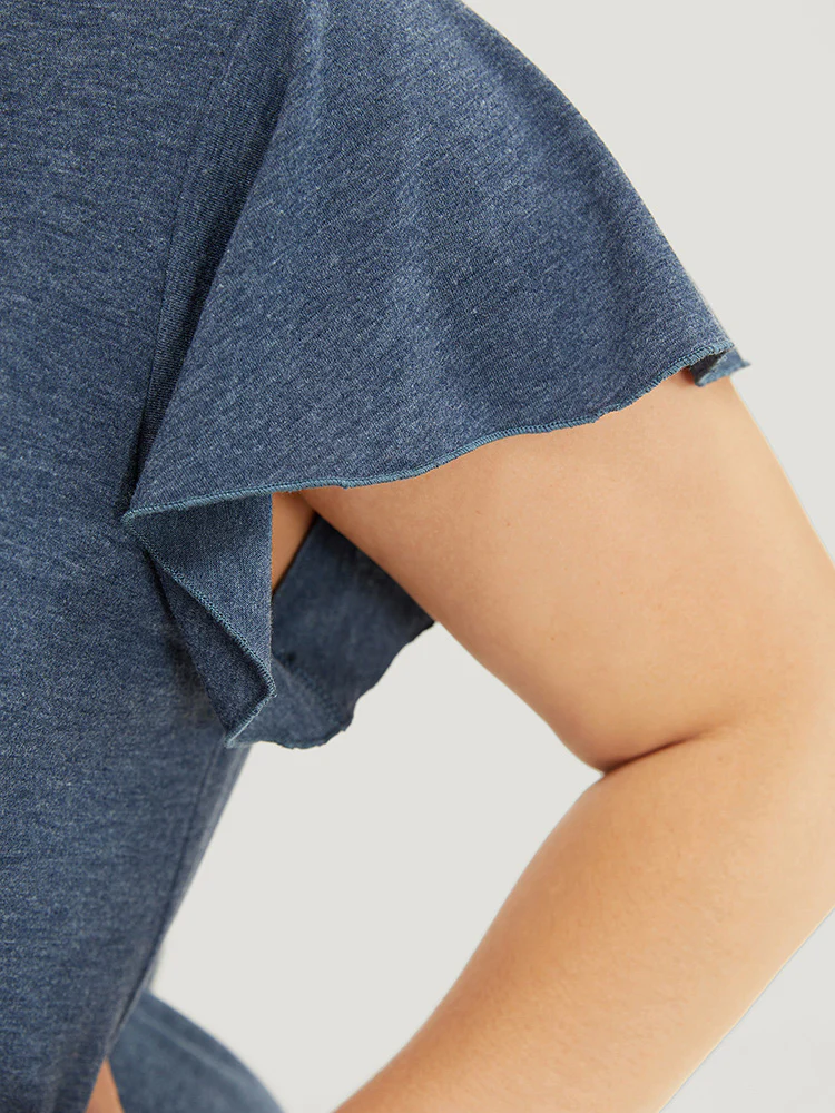 Plain Pleated Ruffle Sleeve Pocket Button Up Curved Hem Dress - Image 8