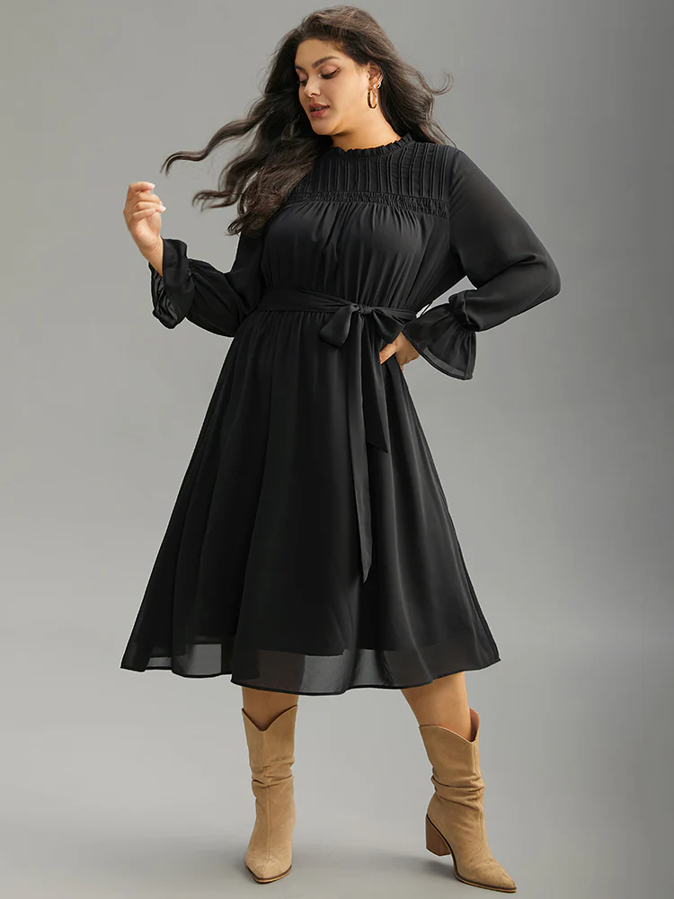 Plain Pleated Stand Collar Shirred Ruffles Dress - Image 2