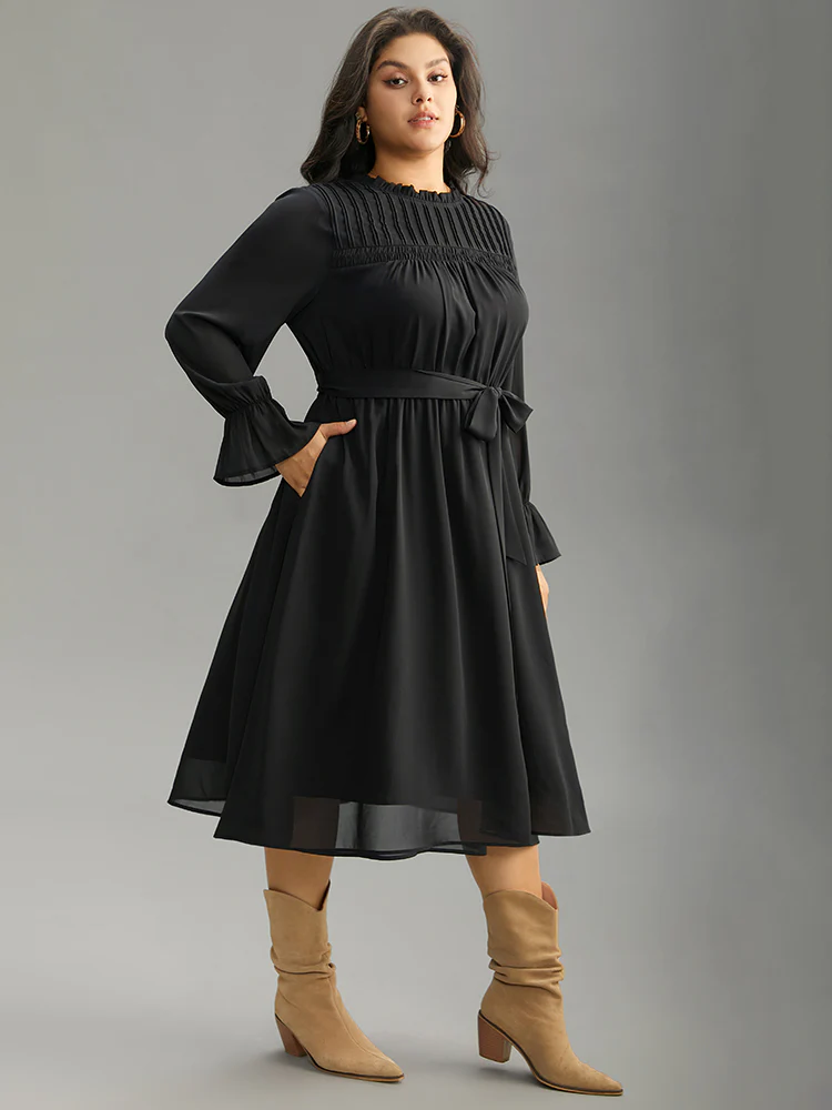 Plain Pleated Stand Collar Shirred Ruffles Dress - Image 3