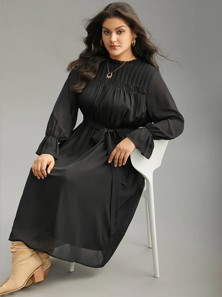 Plain Pleated Stand Collar Shirred Ruffles Dress - Image 4