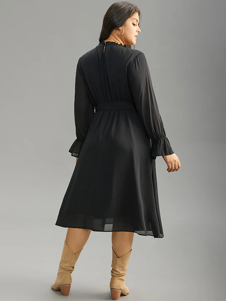 Plain Pleated Stand Collar Shirred Ruffles Dress - Image 5