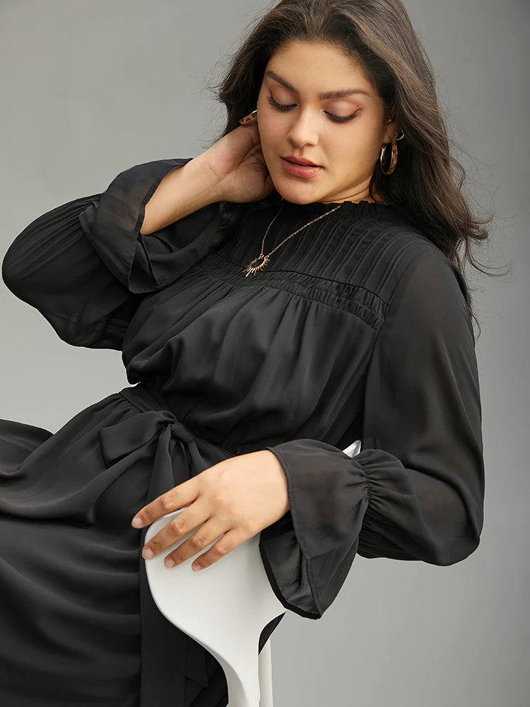 Plain Pleated Stand Collar Shirred Ruffles Dress - Image 6