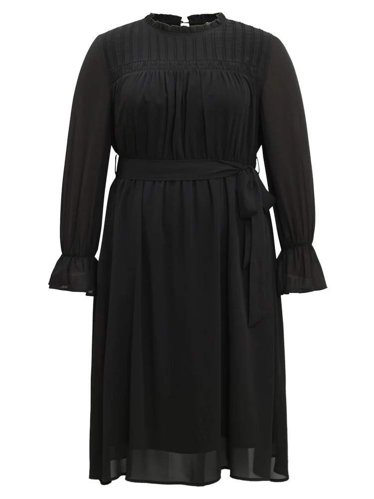 Plain Pleated Stand Collar Shirred Ruffles Dress - Image 7
