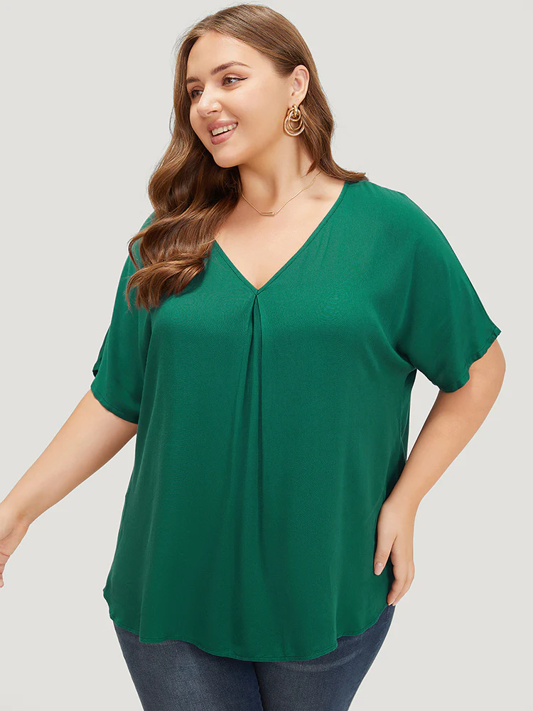 Plain Plicated Detail Batwing Sleeve Curved Hem Blouse