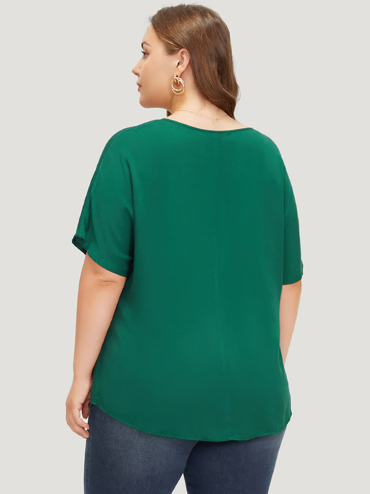 Plain Plicated Detail Batwing Sleeve Curved Hem Blouse - Image 2