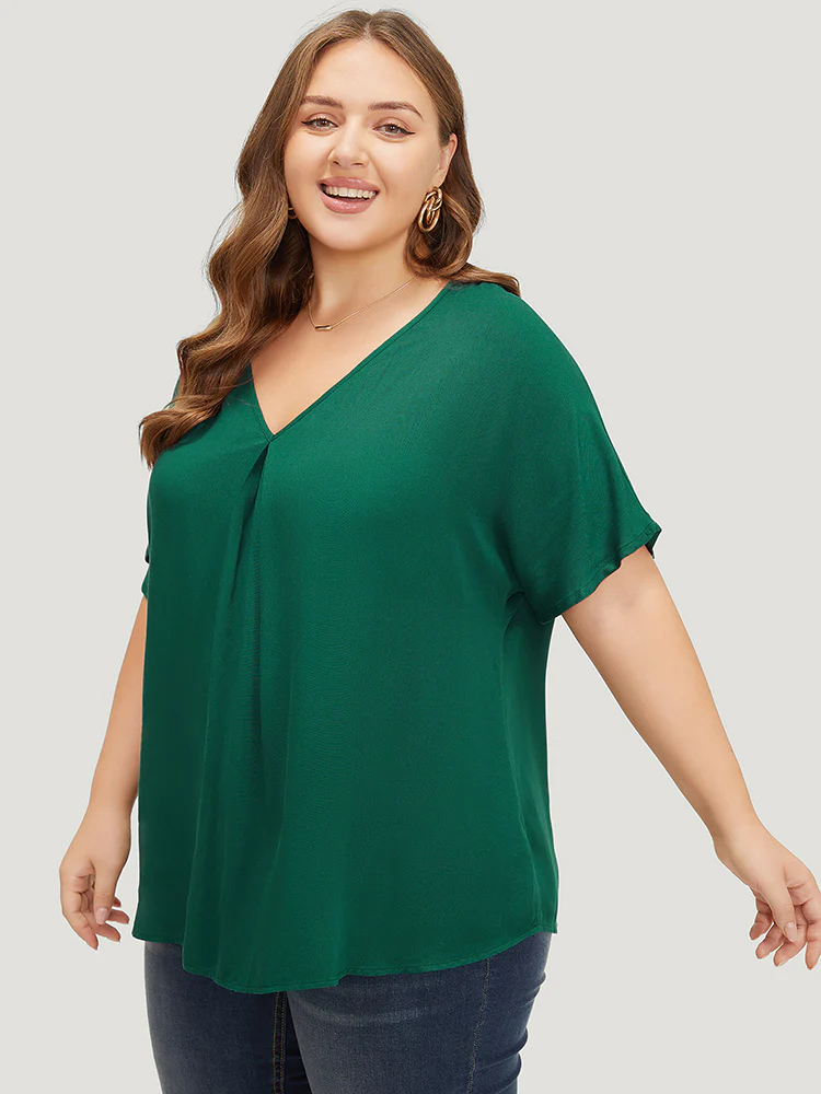 Plain Plicated Detail Batwing Sleeve Curved Hem Blouse - Image 3