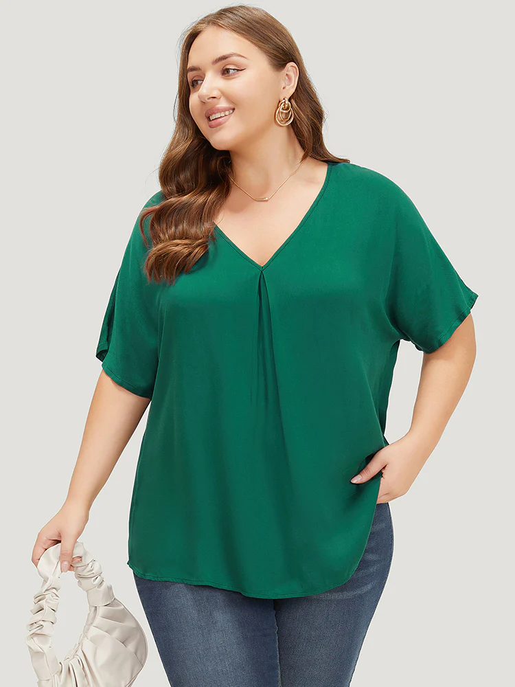 Plain Plicated Detail Batwing Sleeve Curved Hem Blouse - Image 5