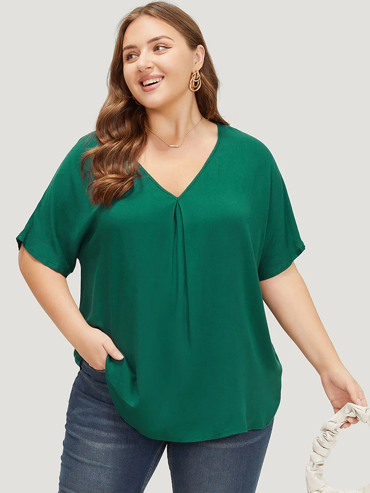 Plain Plicated Detail Batwing Sleeve Curved Hem Blouse - Image 6