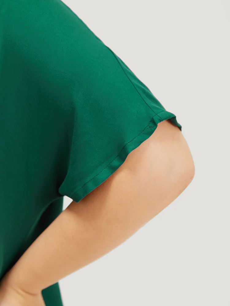 Plain Plicated Detail Batwing Sleeve Curved Hem Blouse - Image 8