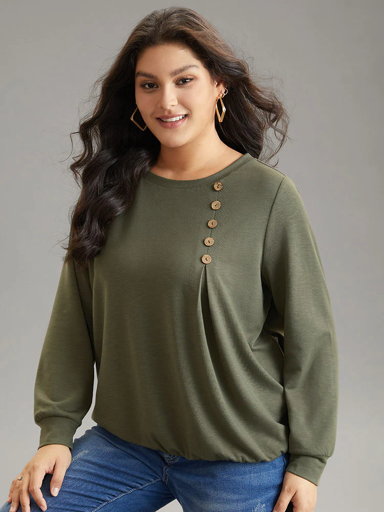 Plain Plicated Detail Button Detail Sweatshirt