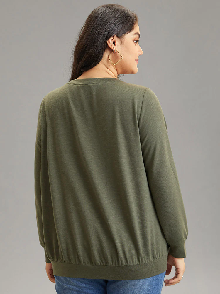 Plain Plicated Detail Button Detail Sweatshirt - Image 2