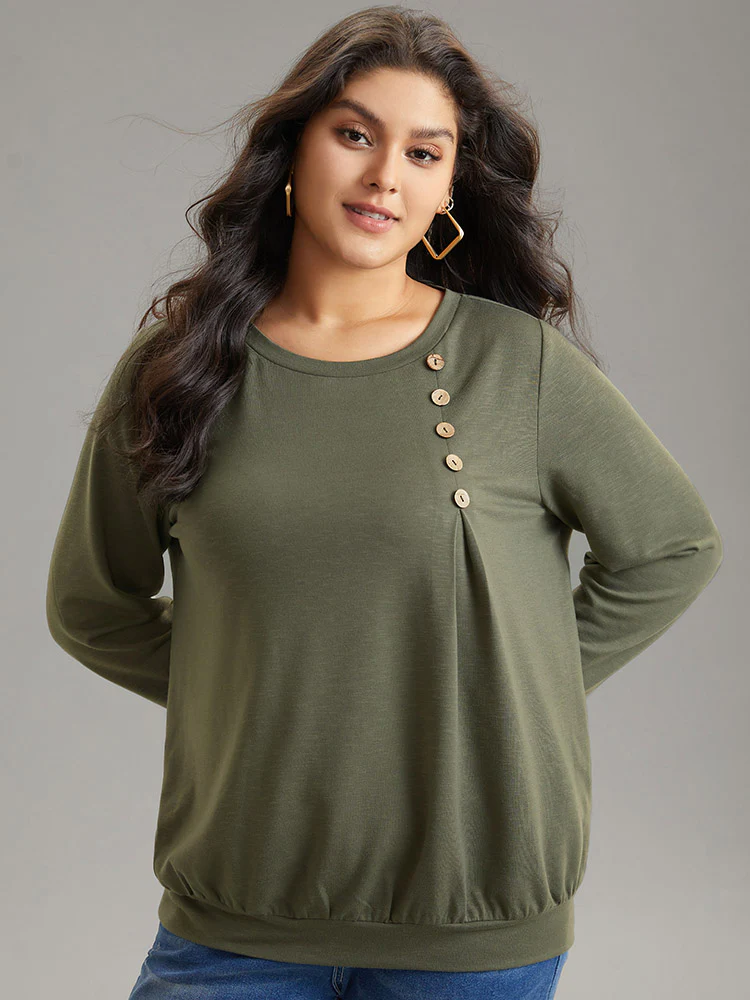 Plain Plicated Detail Button Detail Sweatshirt - Image 3