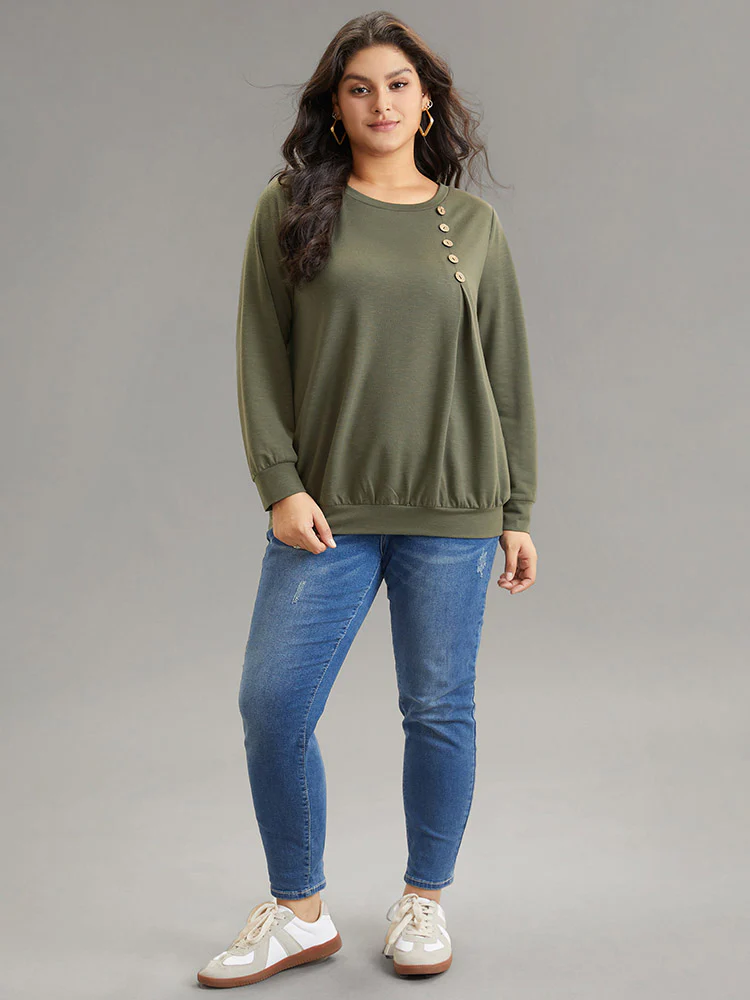 Plain Plicated Detail Button Detail Sweatshirt - Image 4