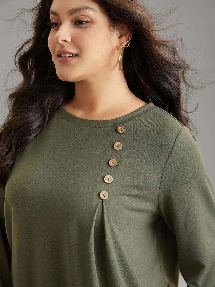 Plain Plicated Detail Button Detail Sweatshirt - Image 5
