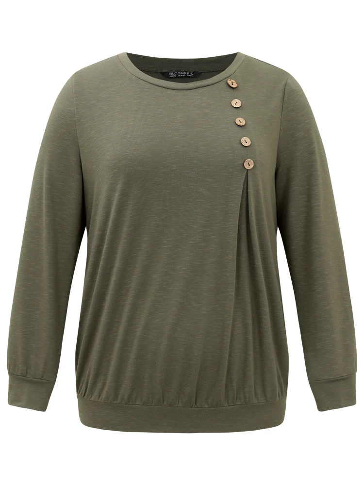 Plain Plicated Detail Button Detail Sweatshirt - Image 6