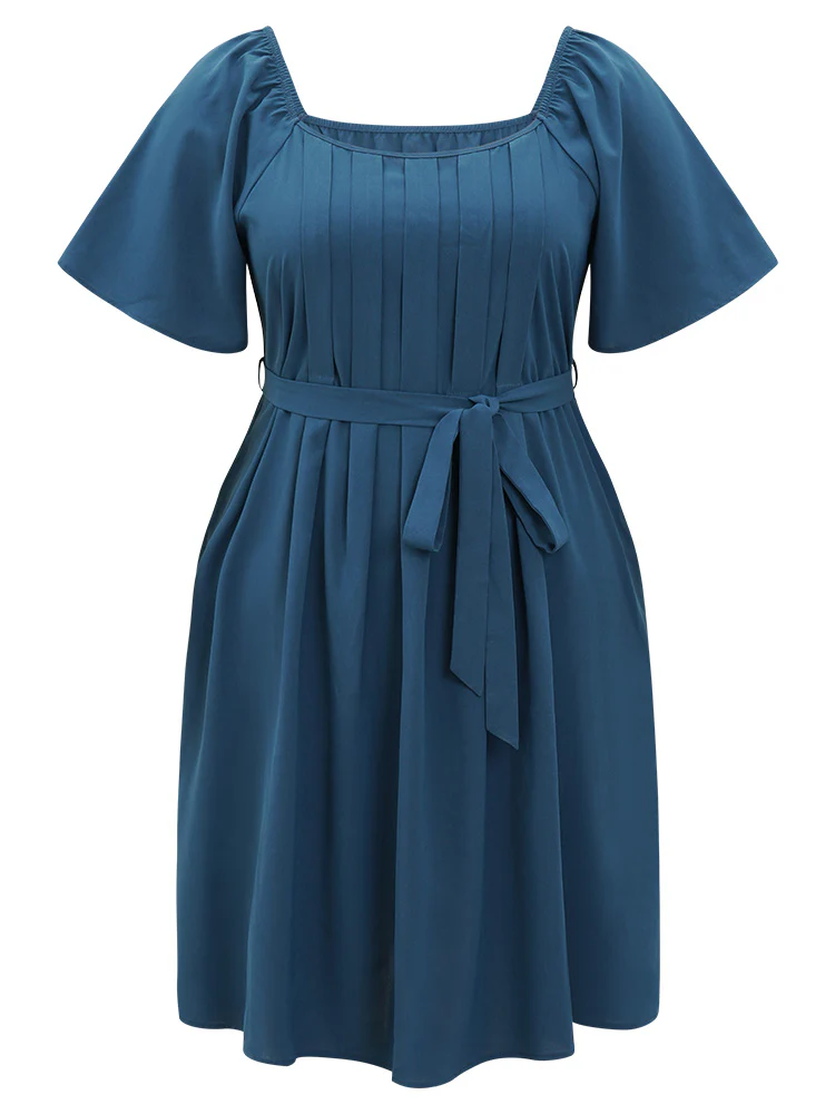Plain Pocket Belted Pleated Raglan Sleeve Dress - Image 11
