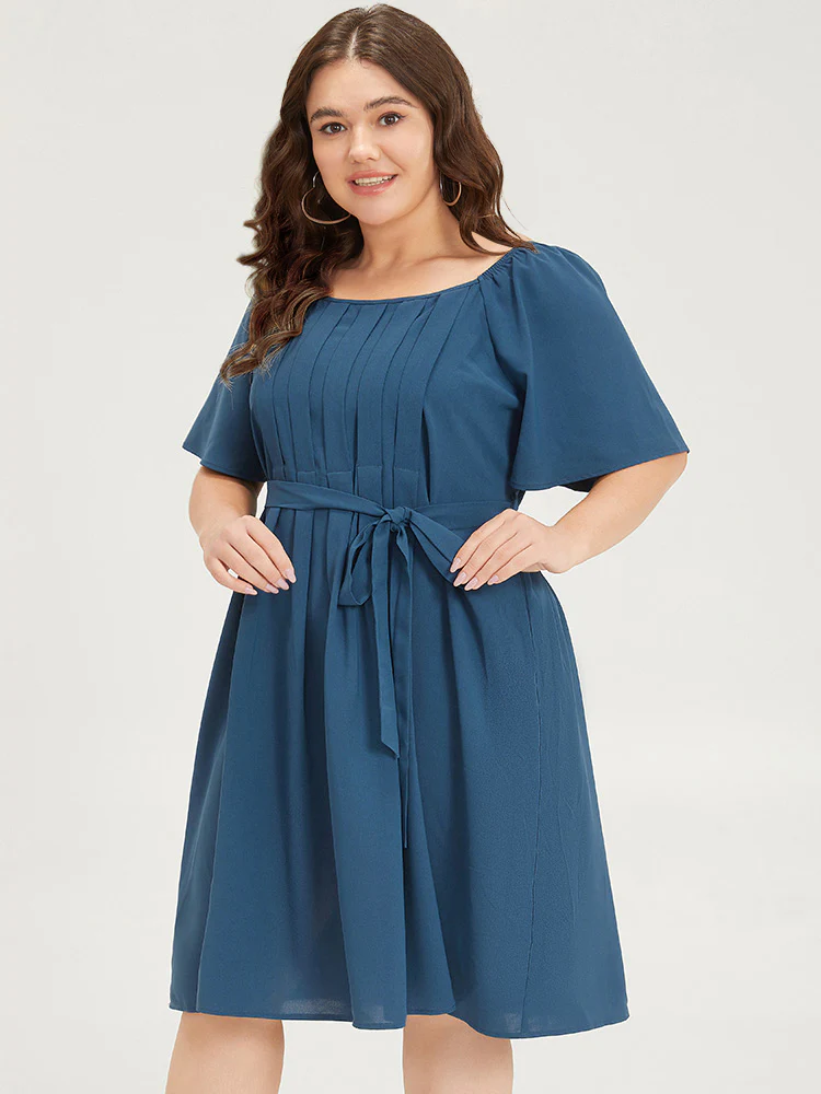 Plain Pocket Belted Pleated Raglan Sleeve Dress - Image 2