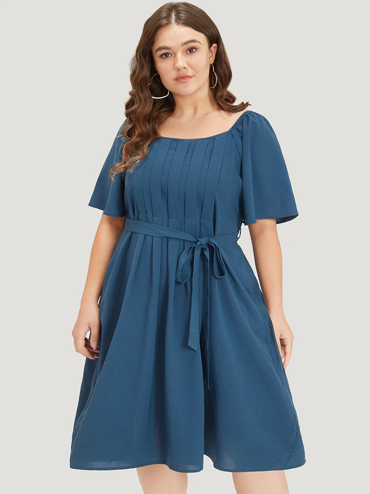 Plain Pocket Belted Pleated Raglan Sleeve Dress - Image 3