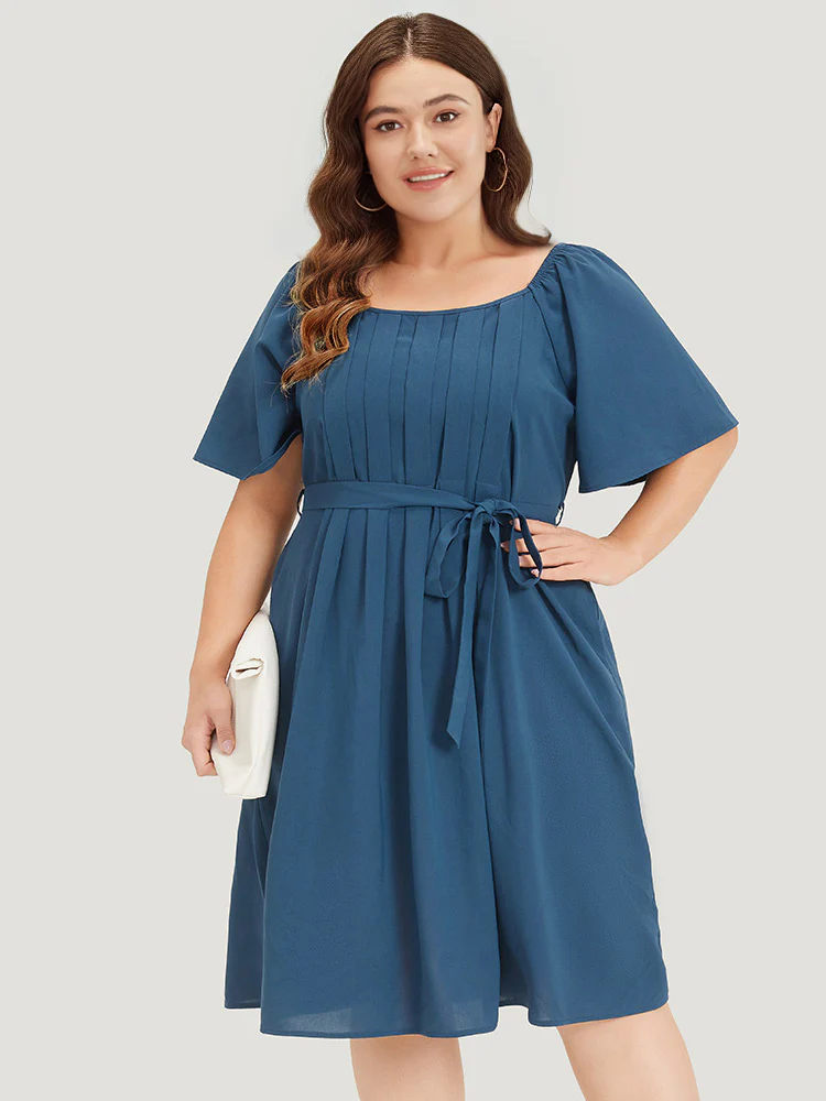 Plain Pocket Belted Pleated Raglan Sleeve Dress - Image 4