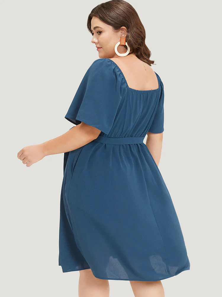 Plain Pocket Belted Pleated Raglan Sleeve Dress - Image 5