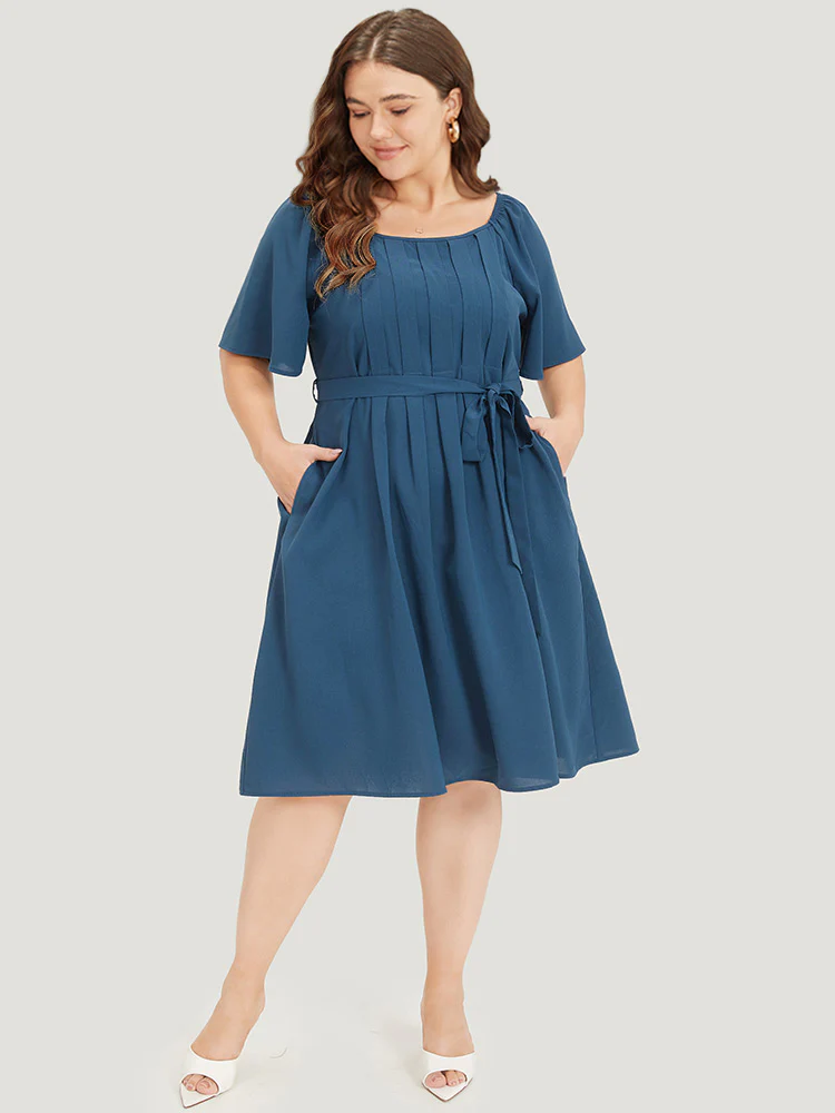 Plain Pocket Belted Pleated Raglan Sleeve Dress - Image 6