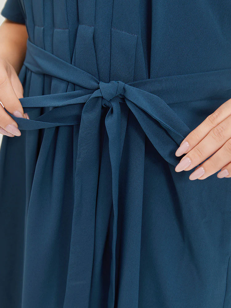 Plain Pocket Belted Pleated Raglan Sleeve Dress - Image 9