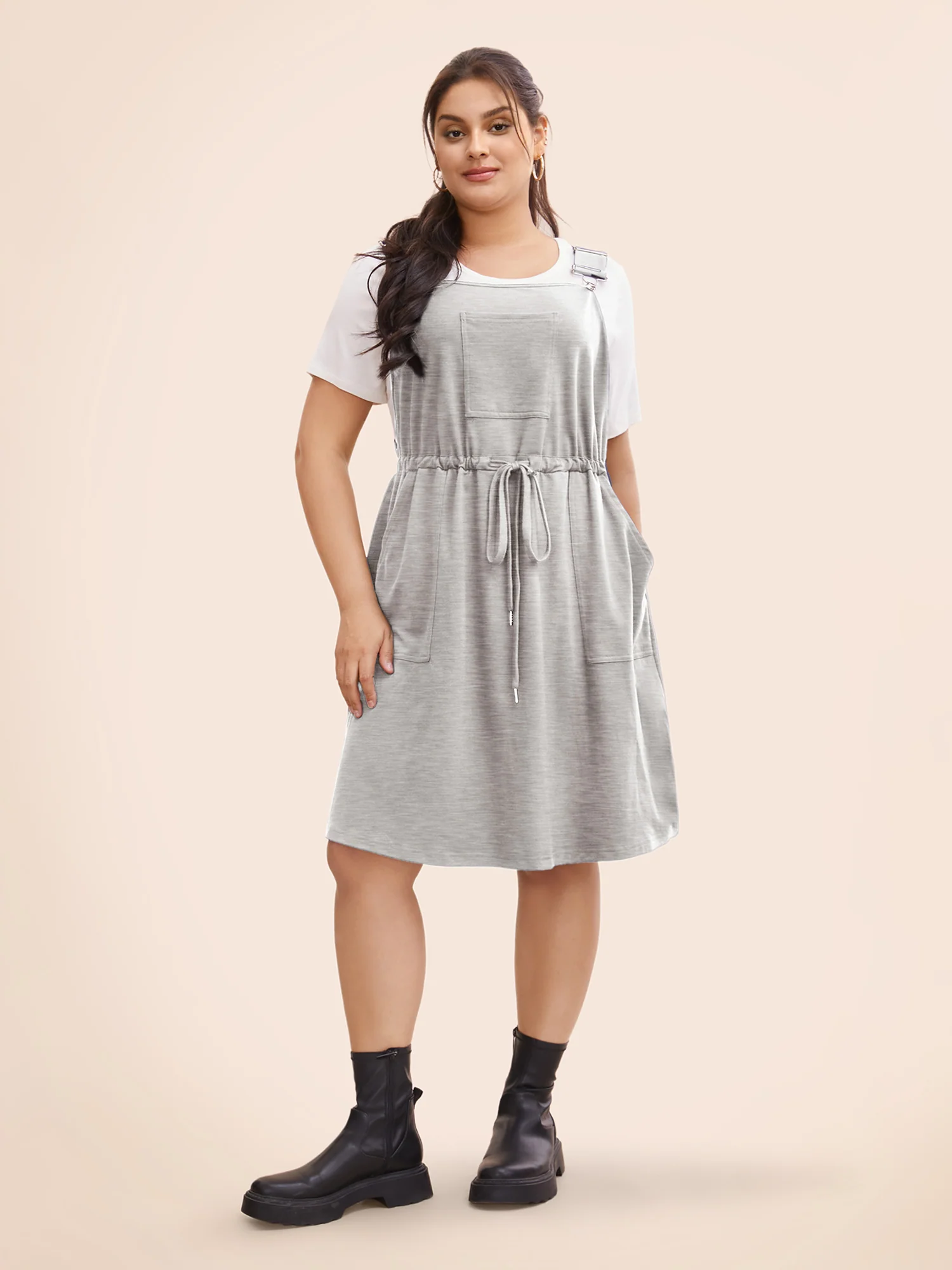 Plain Pocket Drawstring Overall Dress - Image 3