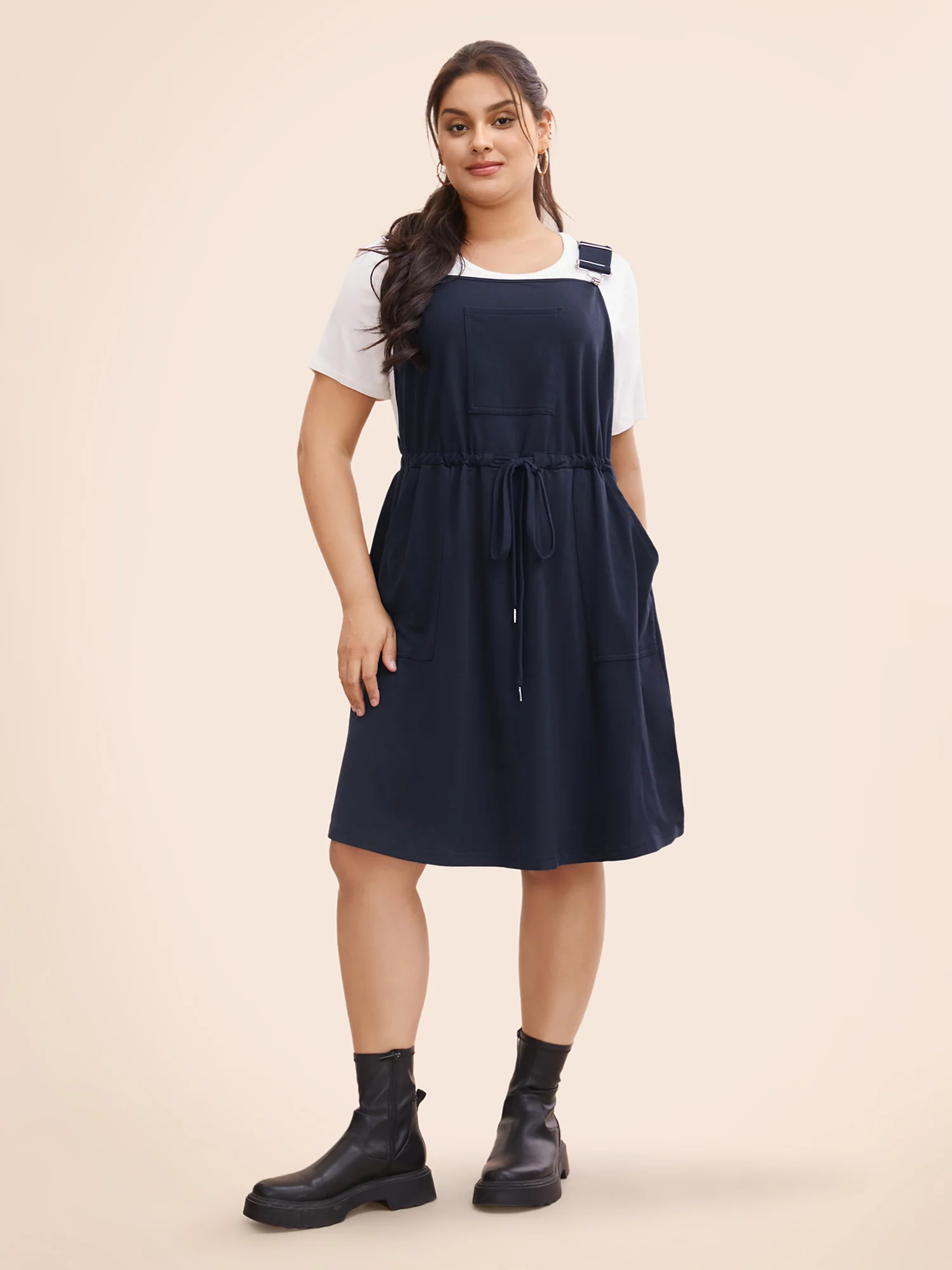 Plain Pocket Drawstring Overall Dress - Image 5