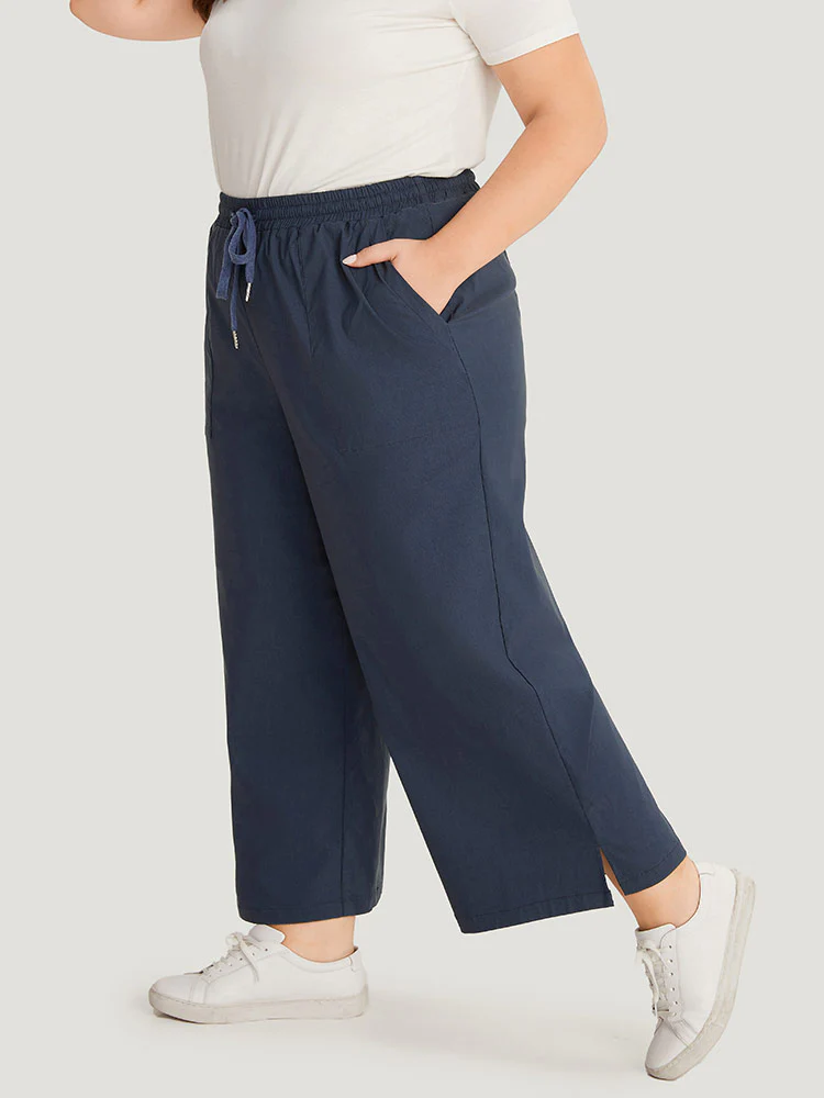 Plain Pocket Drawstring Split HemWide leg Pants - Image 3