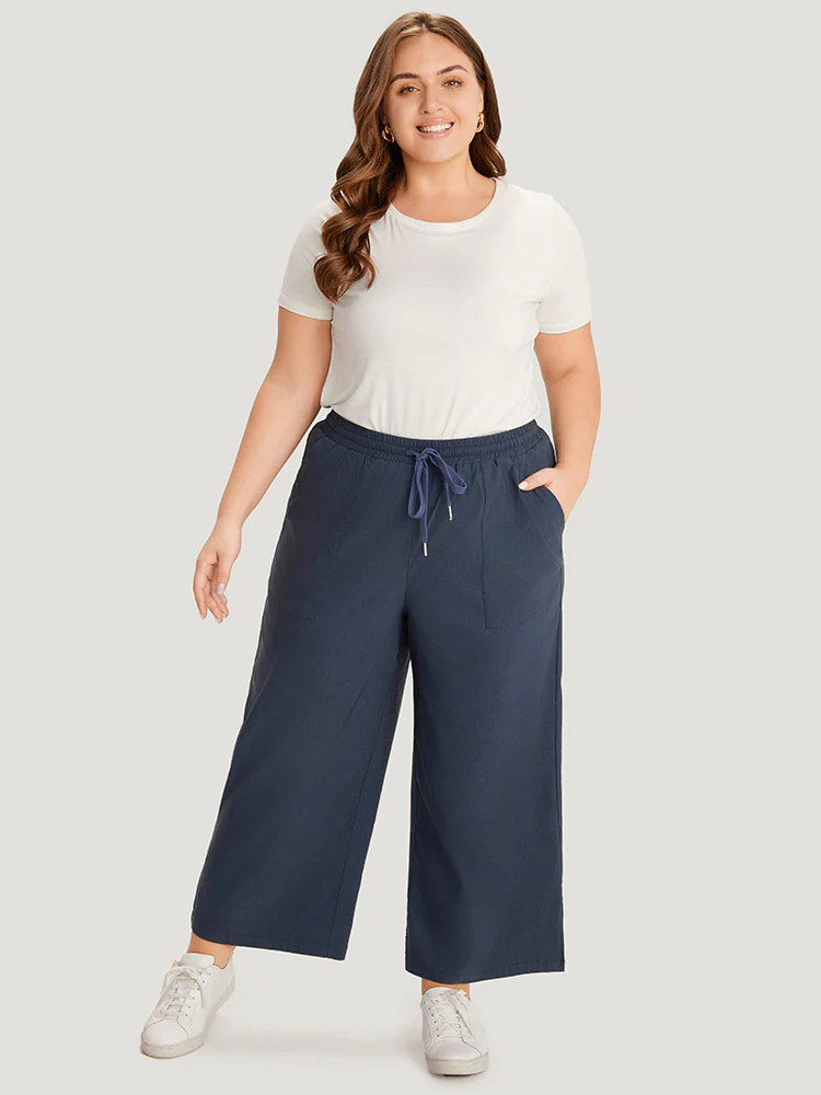 Plain Pocket Drawstring Split HemWide leg Pants - Image 4