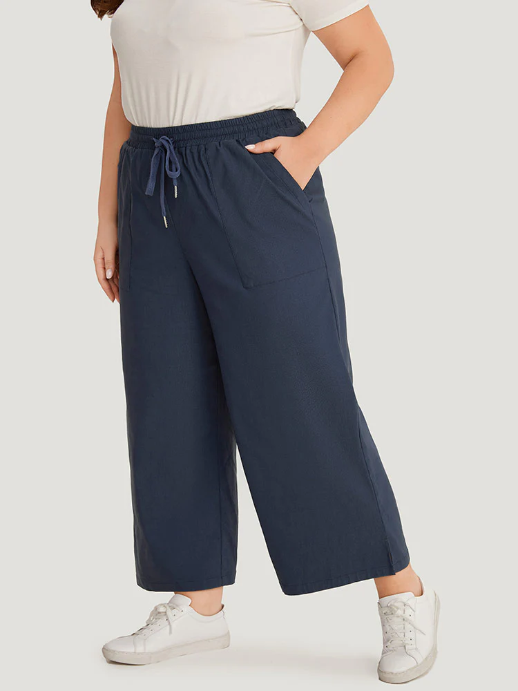 Plain Pocket Drawstring Split HemWide leg Pants - Image 5