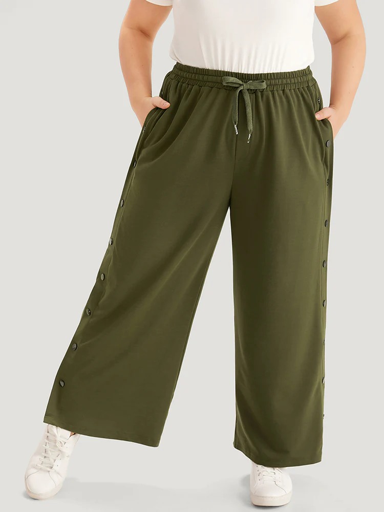 Plain Pocket Elastic Waist Button Detail Drawstring Sweatpants - Image 2