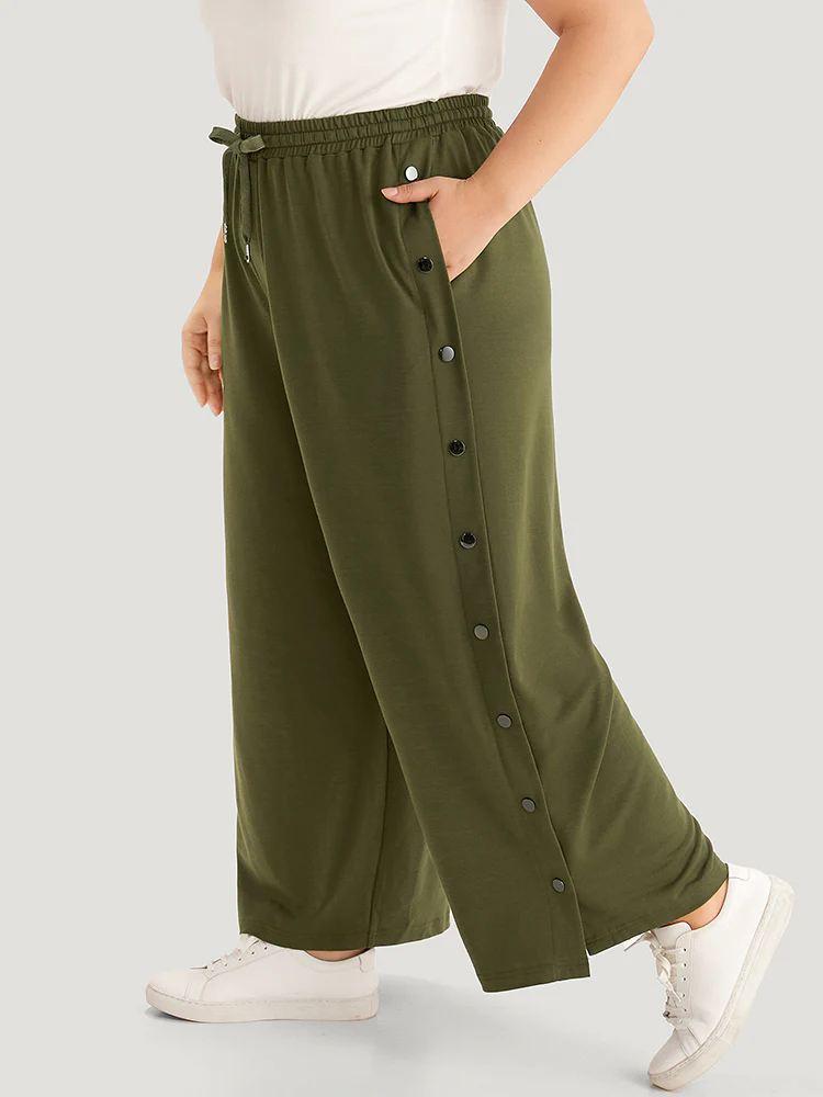 Plain Pocket Elastic Waist Button Detail Drawstring Sweatpants - Image 3