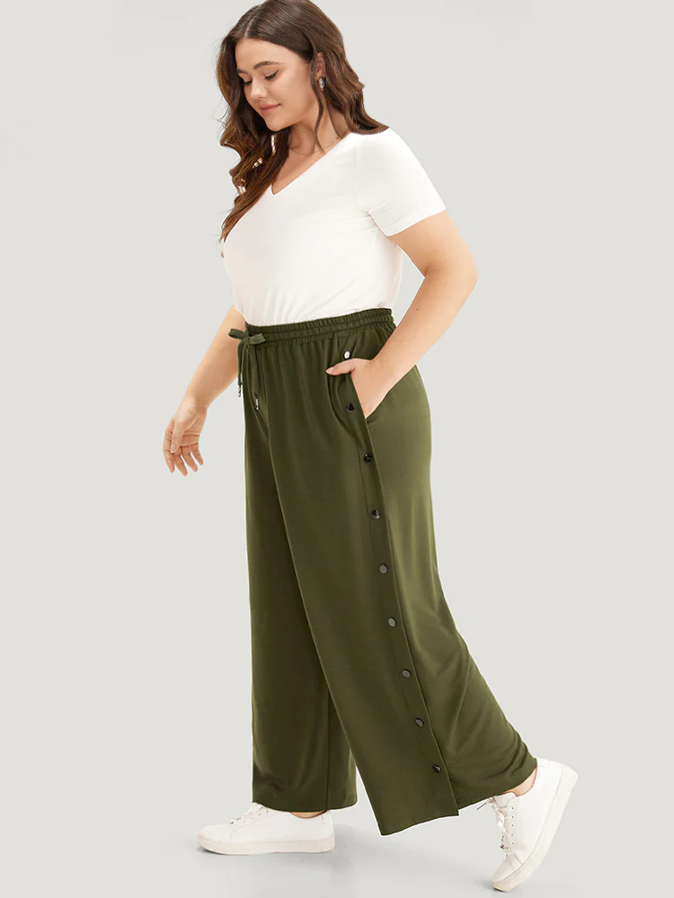 Plain Pocket Elastic Waist Button Detail Drawstring Sweatpants - Image 4