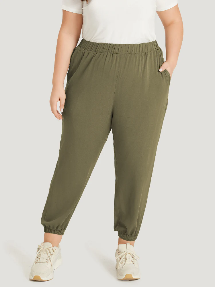Plain Pocket Elastic Waist Carrot Pants - Image 2