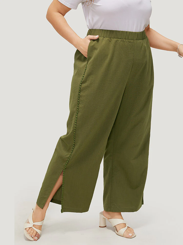 Plain Pocket Elastic Waist Pompom Detail Split Pants