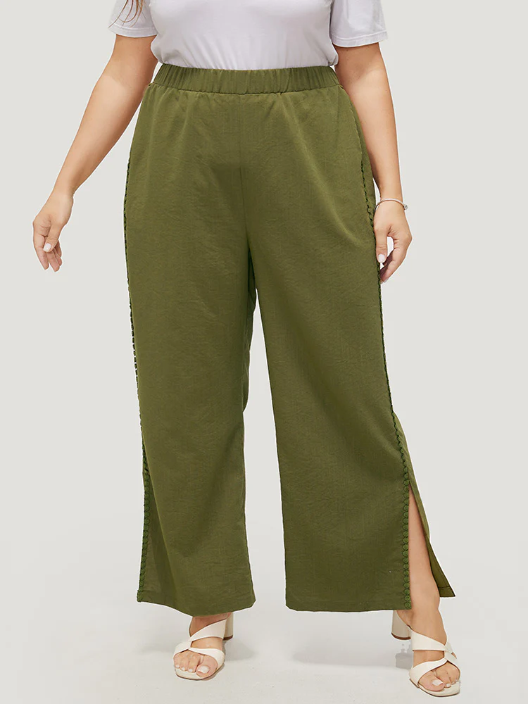 Plain Pocket Elastic Waist Pompom Detail Split Pants - Image 2