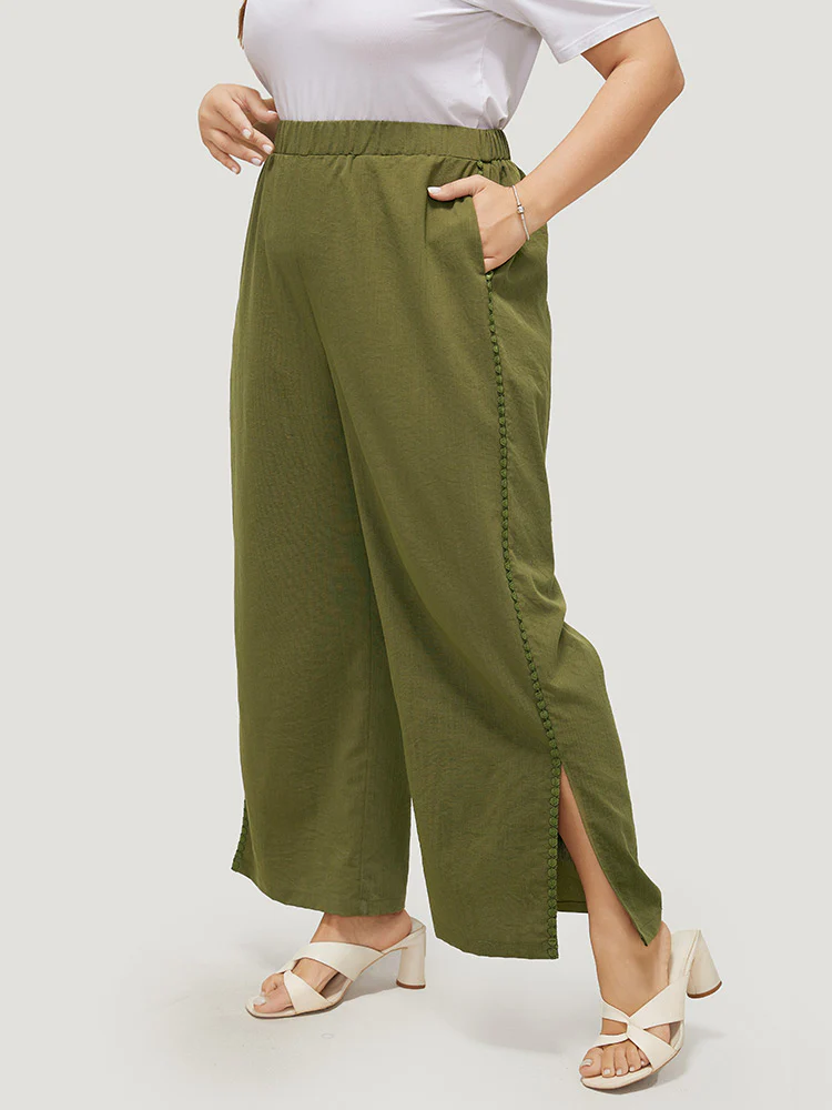Plain Pocket Elastic Waist Pompom Detail Split Pants - Image 3