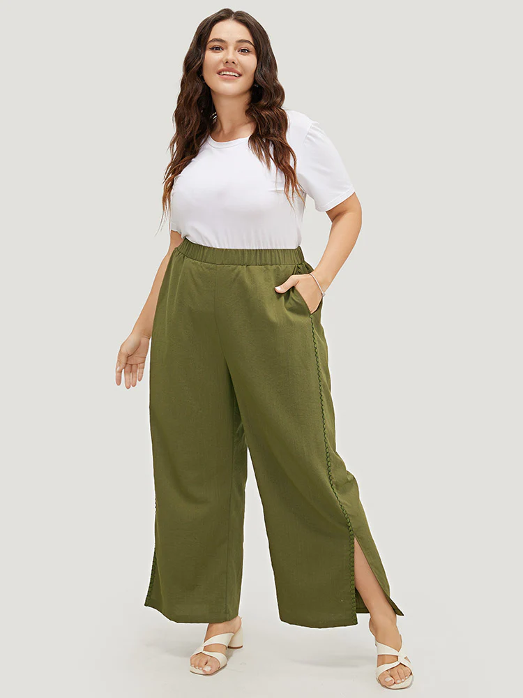 Plain Pocket Elastic Waist Pompom Detail Split Pants - Image 4