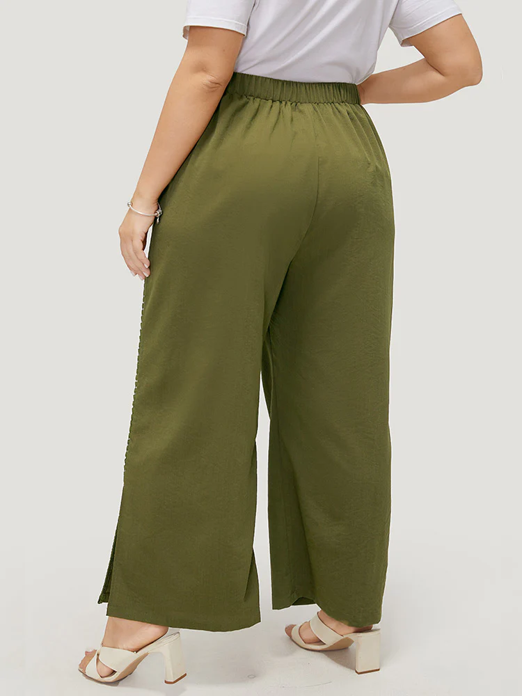 Plain Pocket Elastic Waist Pompom Detail Split Pants - Image 5