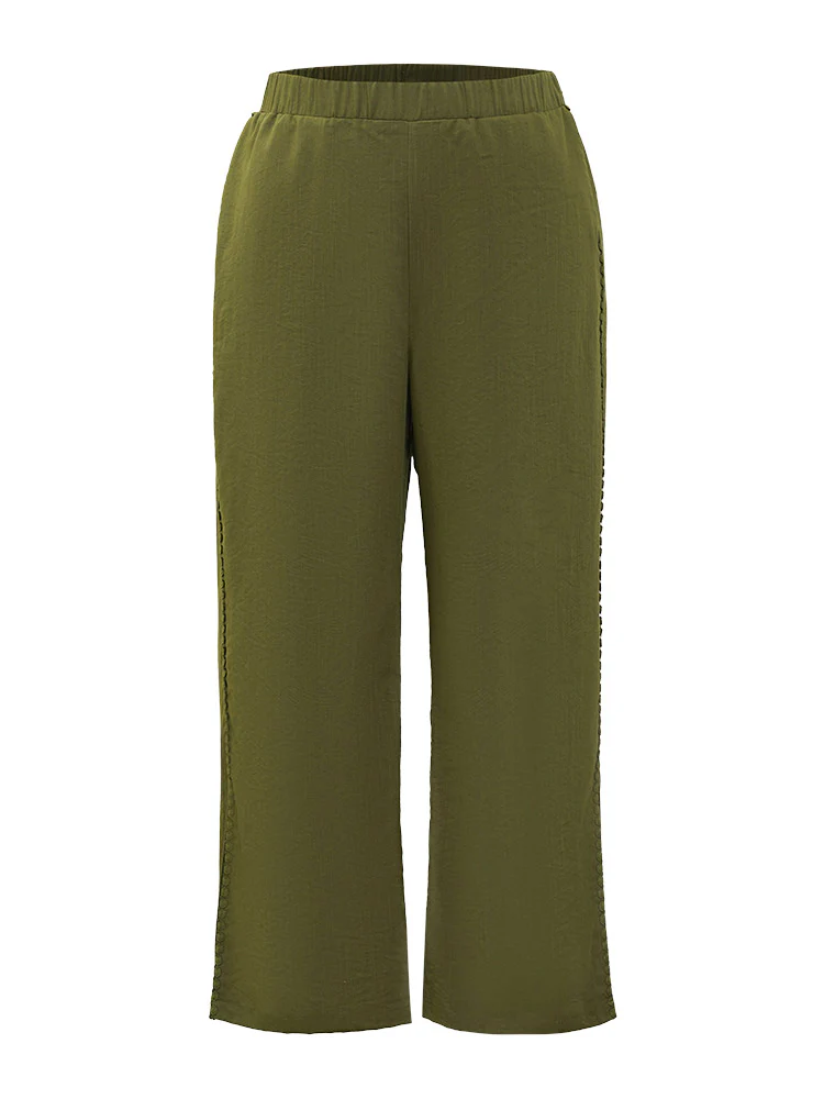 Plain Pocket Elastic Waist Pompom Detail Split Pants - Image 9