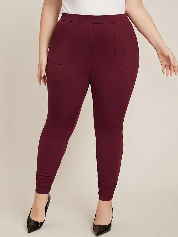 Plain Pocket Elastic Waist Ruched Hem Skinny Pants - Image 2