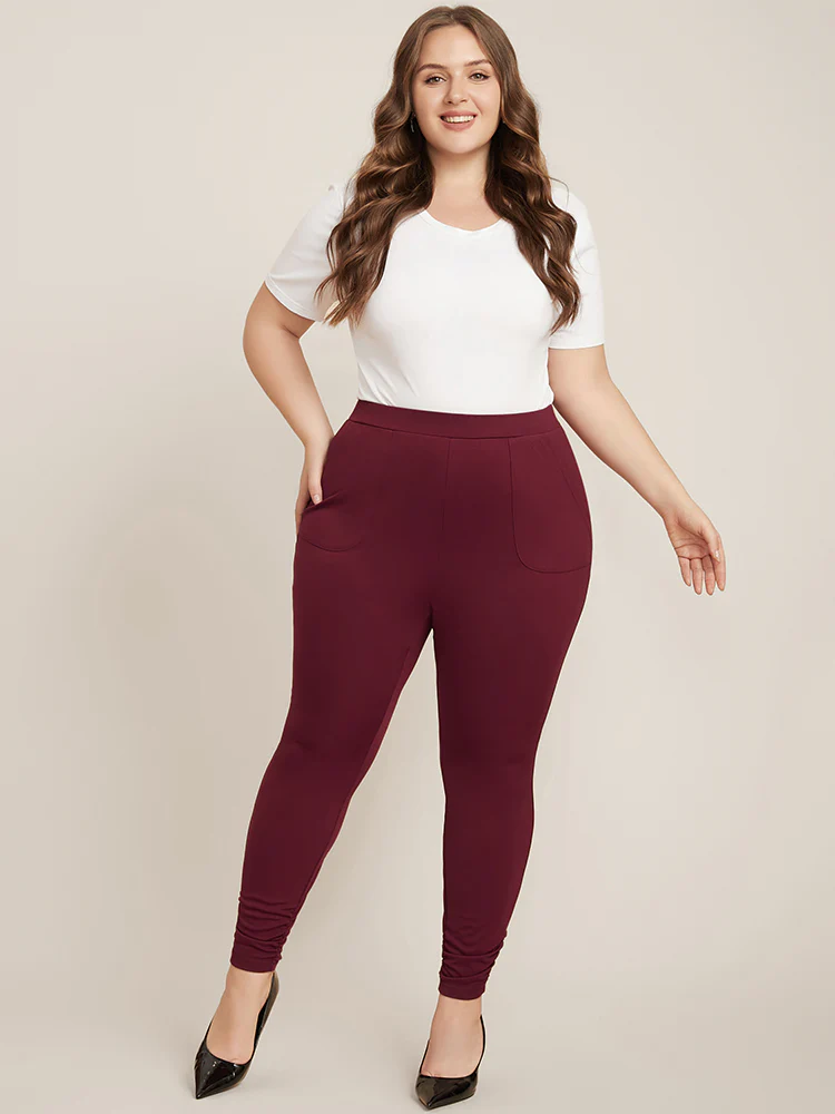 Plain Pocket Elastic Waist Ruched Hem Skinny Pants - Image 3